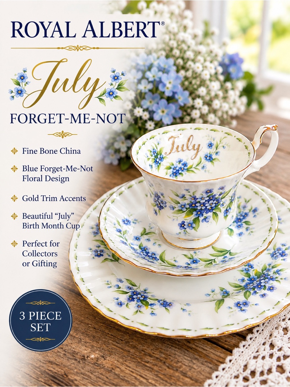 Royal Albert July “Forget-Me-Not” | Flower of the Month 3-Piece Tea Set